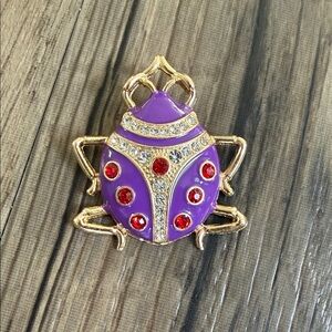 Purple Crystal Ladybug Brooch - Gold Tone Accent